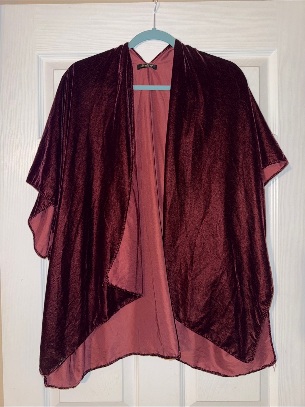 Velvet Open-Front Cape Cardigan in Wine and Dusty Rose